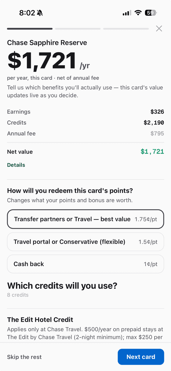 Chase Sapphire Reserve valued at $1,721 a year, with point-redemption choices and a list of credits to include