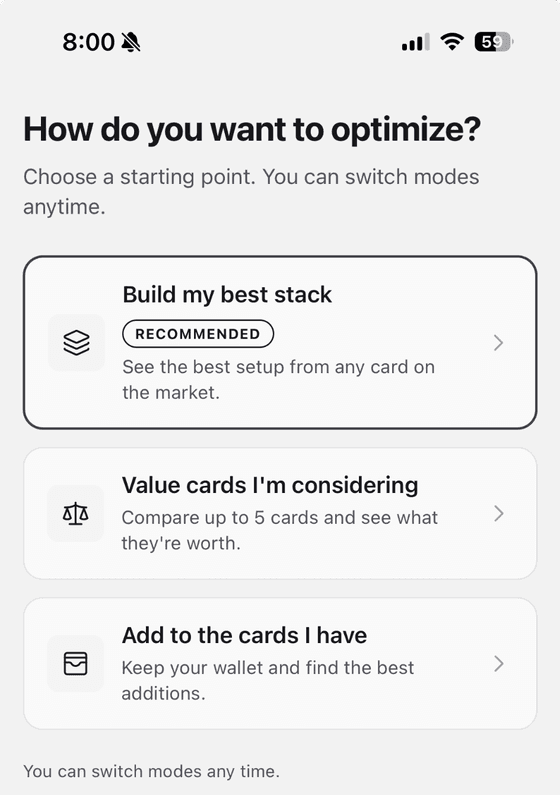 The Poiiints mode selector: Build my best stack, Value cards I'm considering, Add to the cards I have