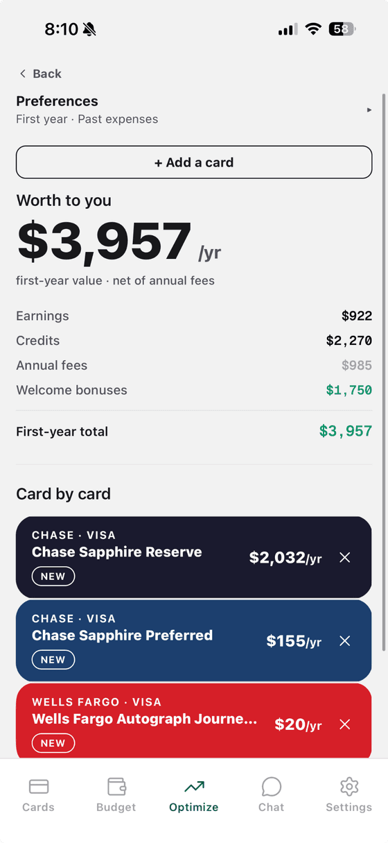 Three cards compared: worth $3,957 a year to you in first-year value, net of annual fees